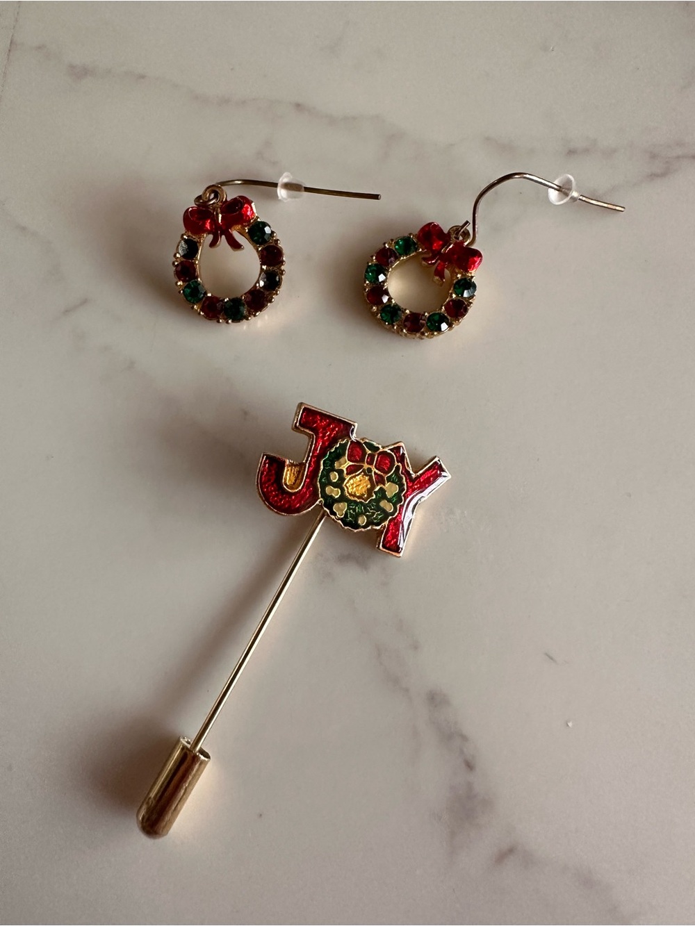 Festive Red & Green Wreath Drop Earrings and JOY Lapel Pin Set